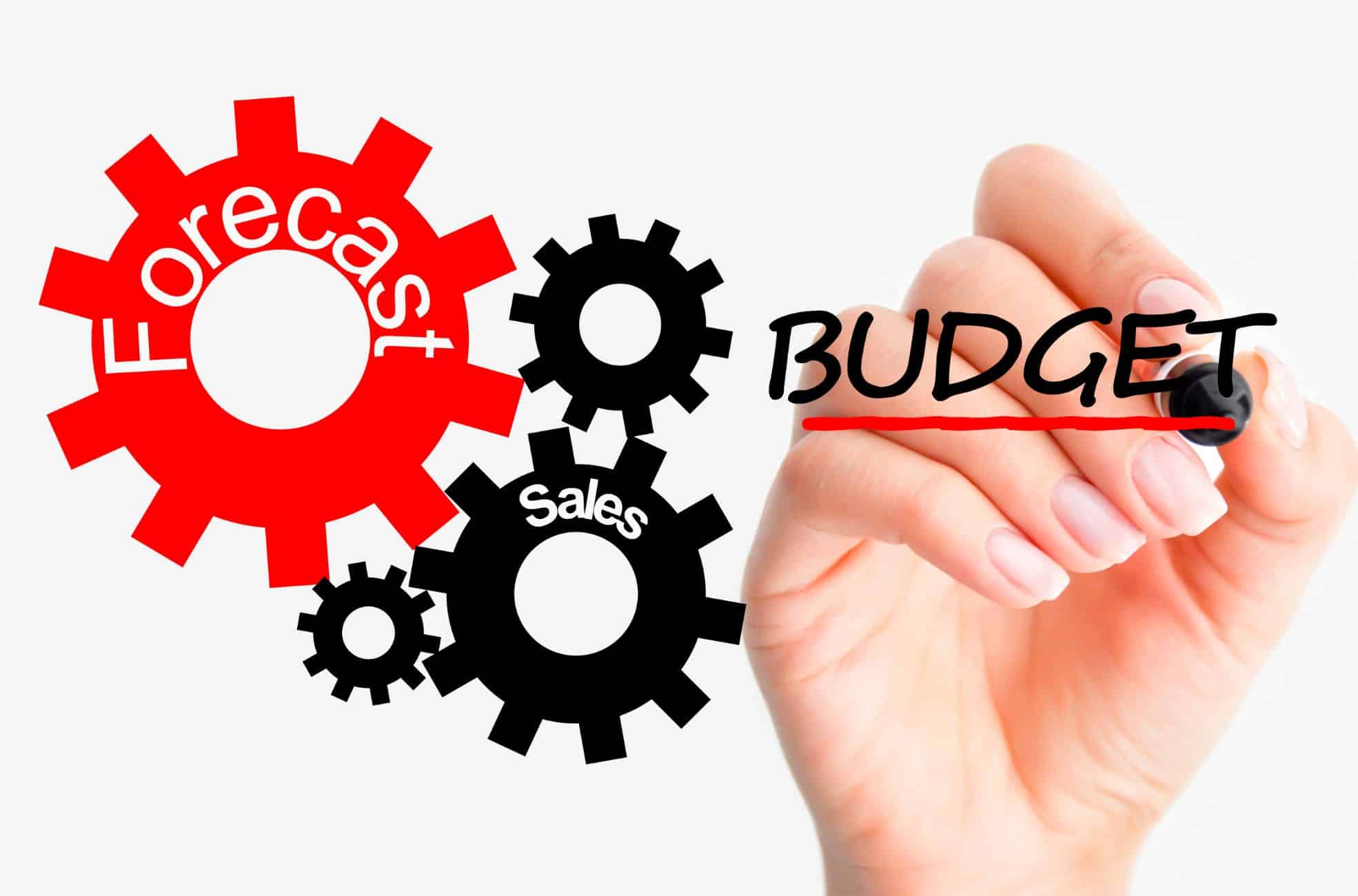Hand Writing Word " Budget" With Cog Gears Saying "Forecast"