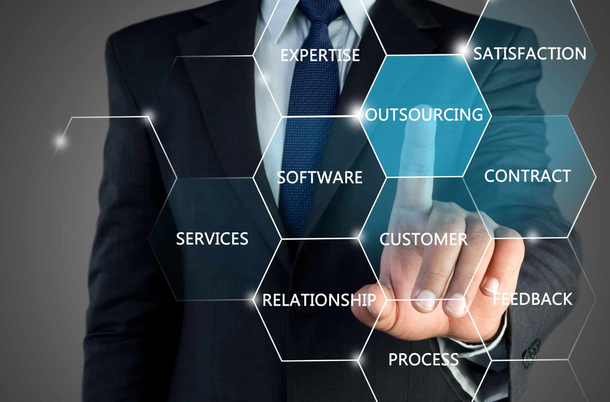 Business Man Pointing To Word "Outsourcing"