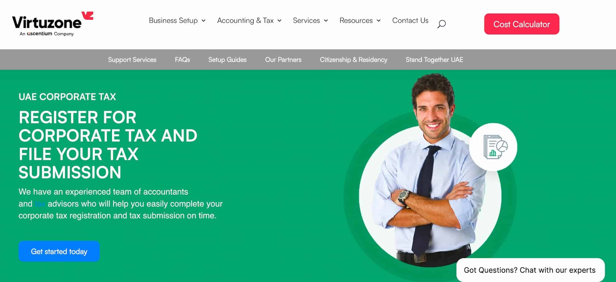 A screenshot from Virtuzone's homepage, detailing their corporate tax registration services.