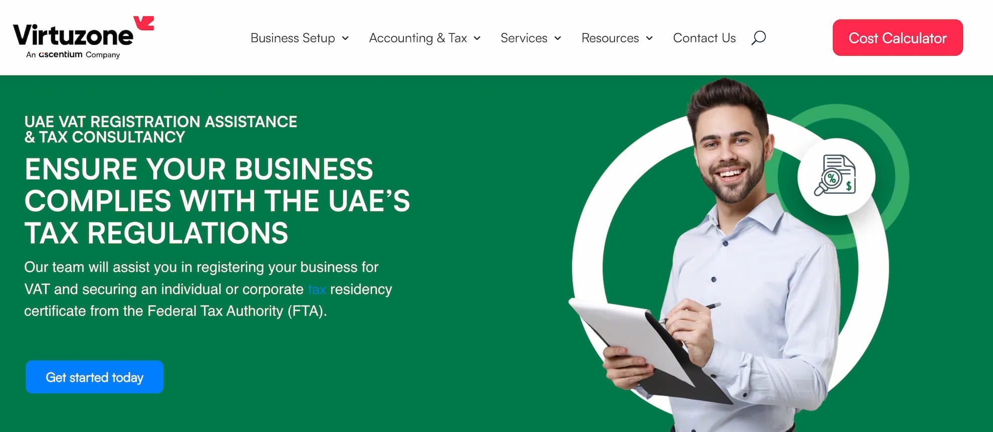 A screenshot from Virtuzone's homepage showing their help with tax compliance in the UAE.