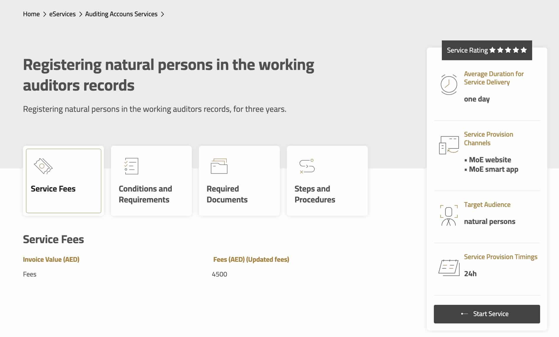 A screenshot from the Ministry of Economy's website showing the application portal to get your auditing licence in the UAE.