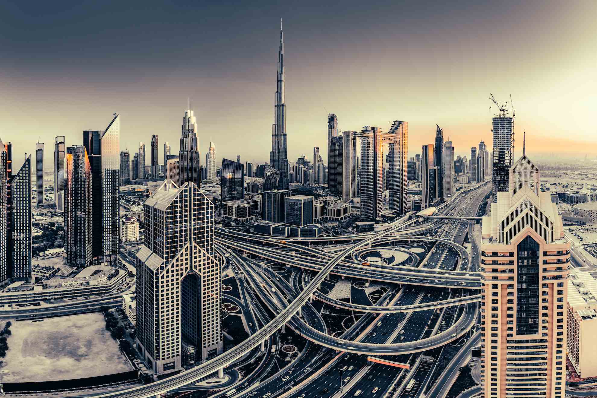 Dubai city in the evening sunset.