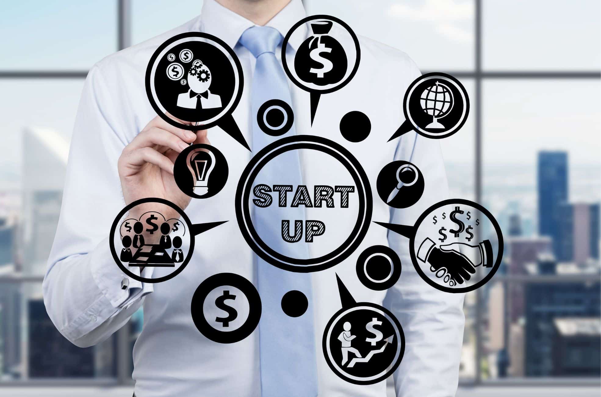 Businessman With Diagram Of Startup Ideas And Money