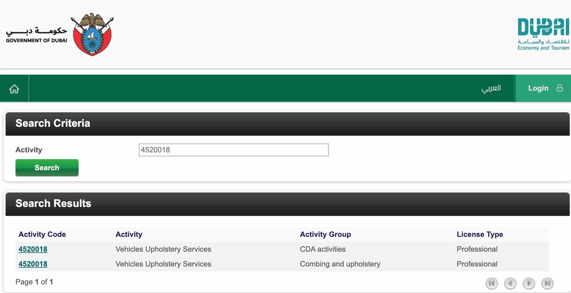 Screenshot from the DED's website, showing the availability of a carwash licence.