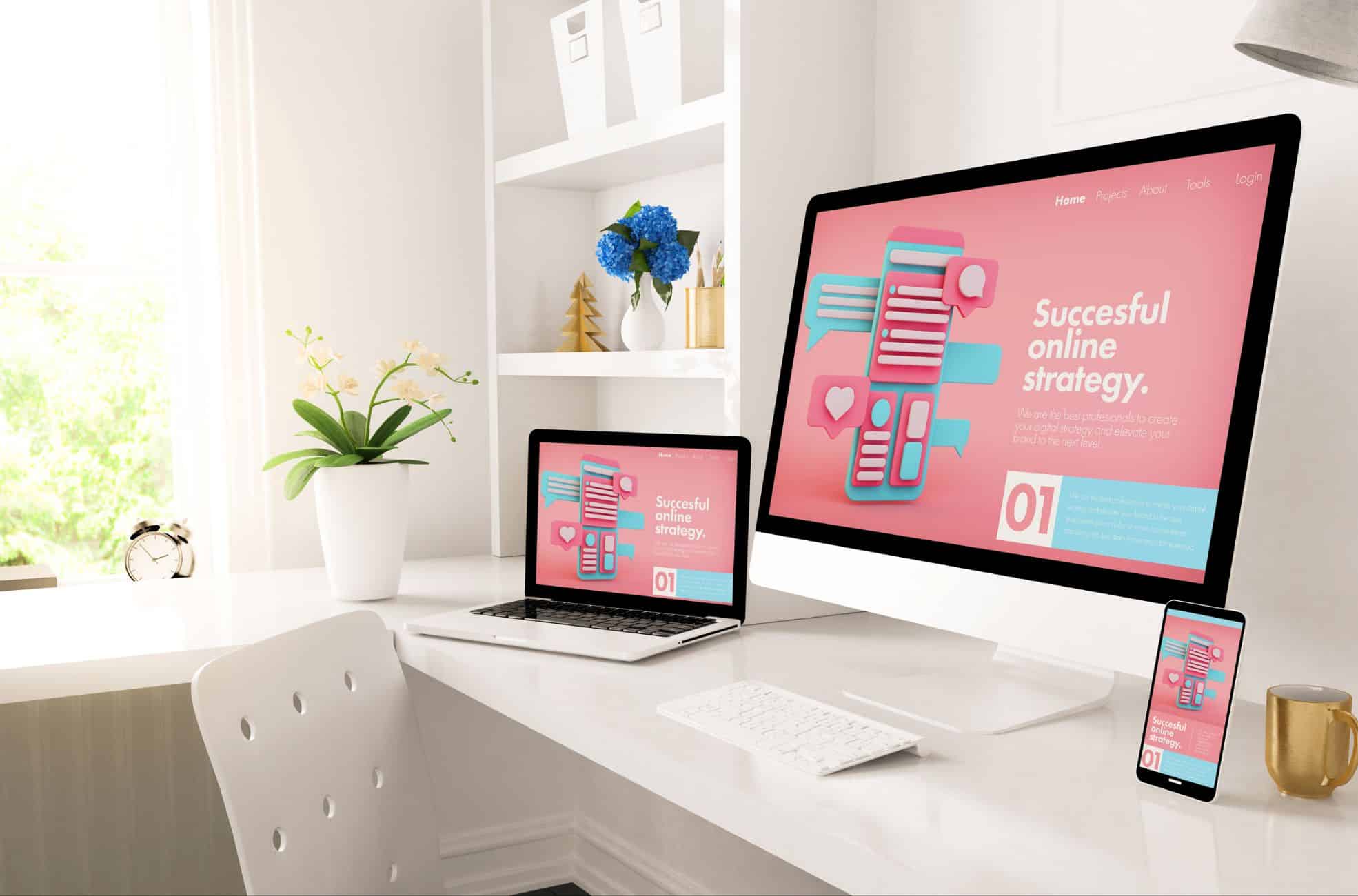 Computer, Laptop And Desk Set Up For Digital Marketing Business