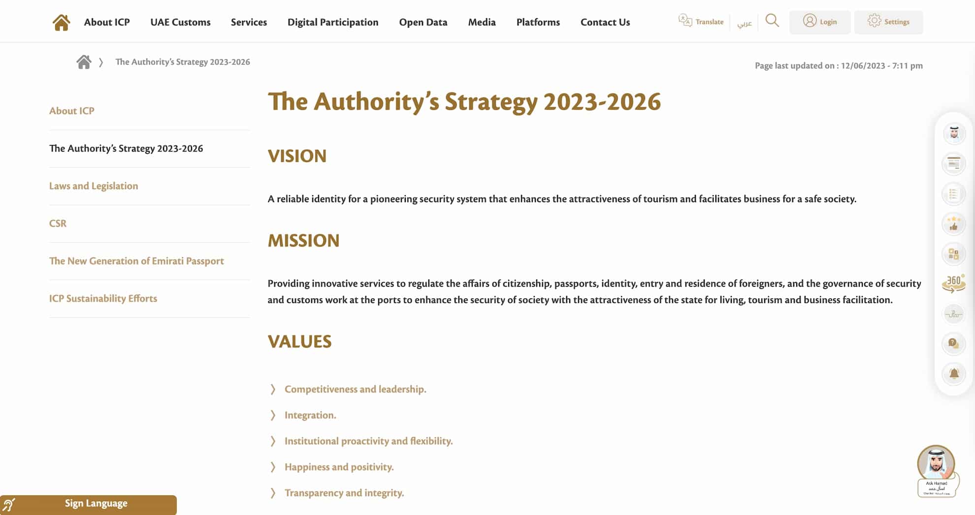 A screenshot from the ICP website detailing the mission statement and values of the ICP.
