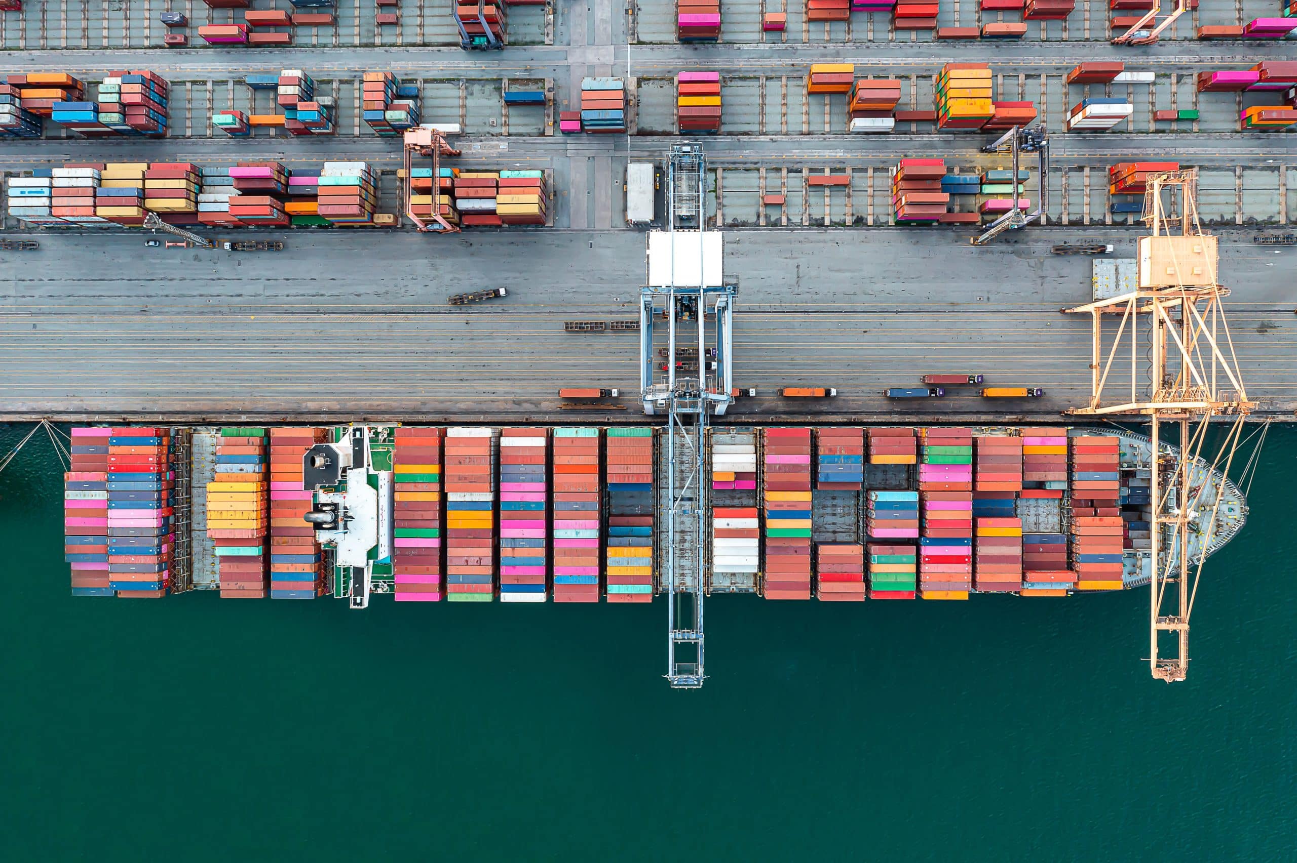 Docked shipping containers facilitating import export trading.