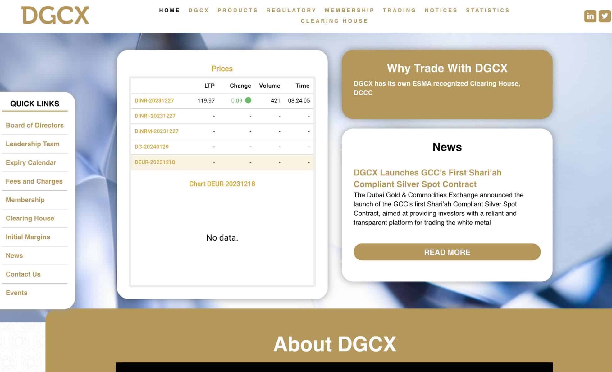 Screenshot Of DGCX Website For Gold In Dubai