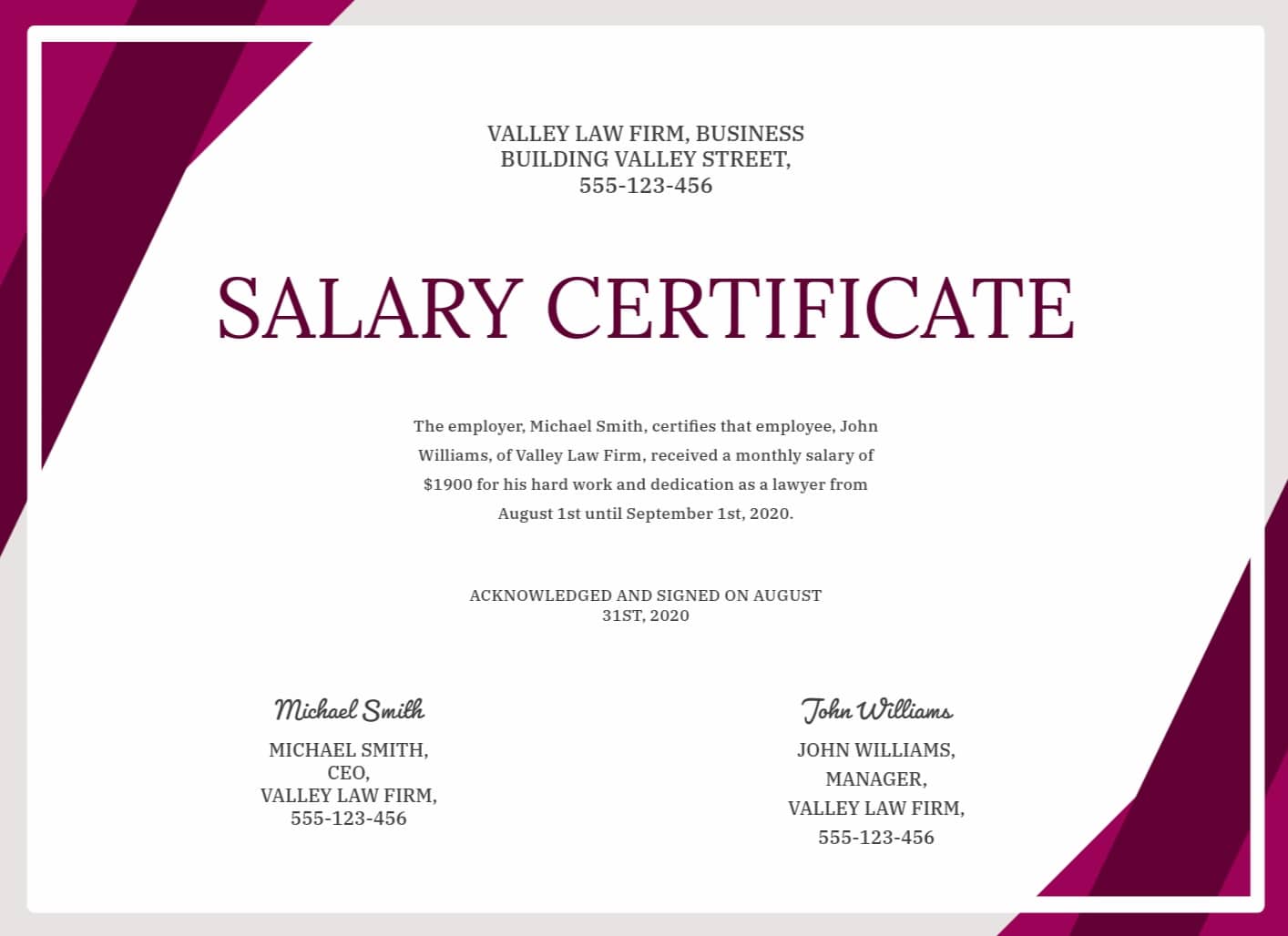 An example of a salary certificate in the UAE.