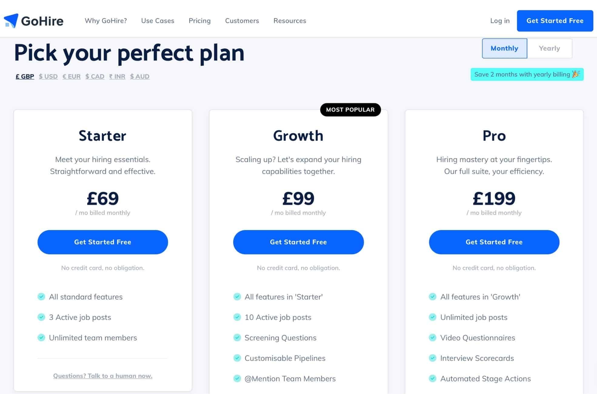 Screenshot Of Software HR Company GoHire Pricing