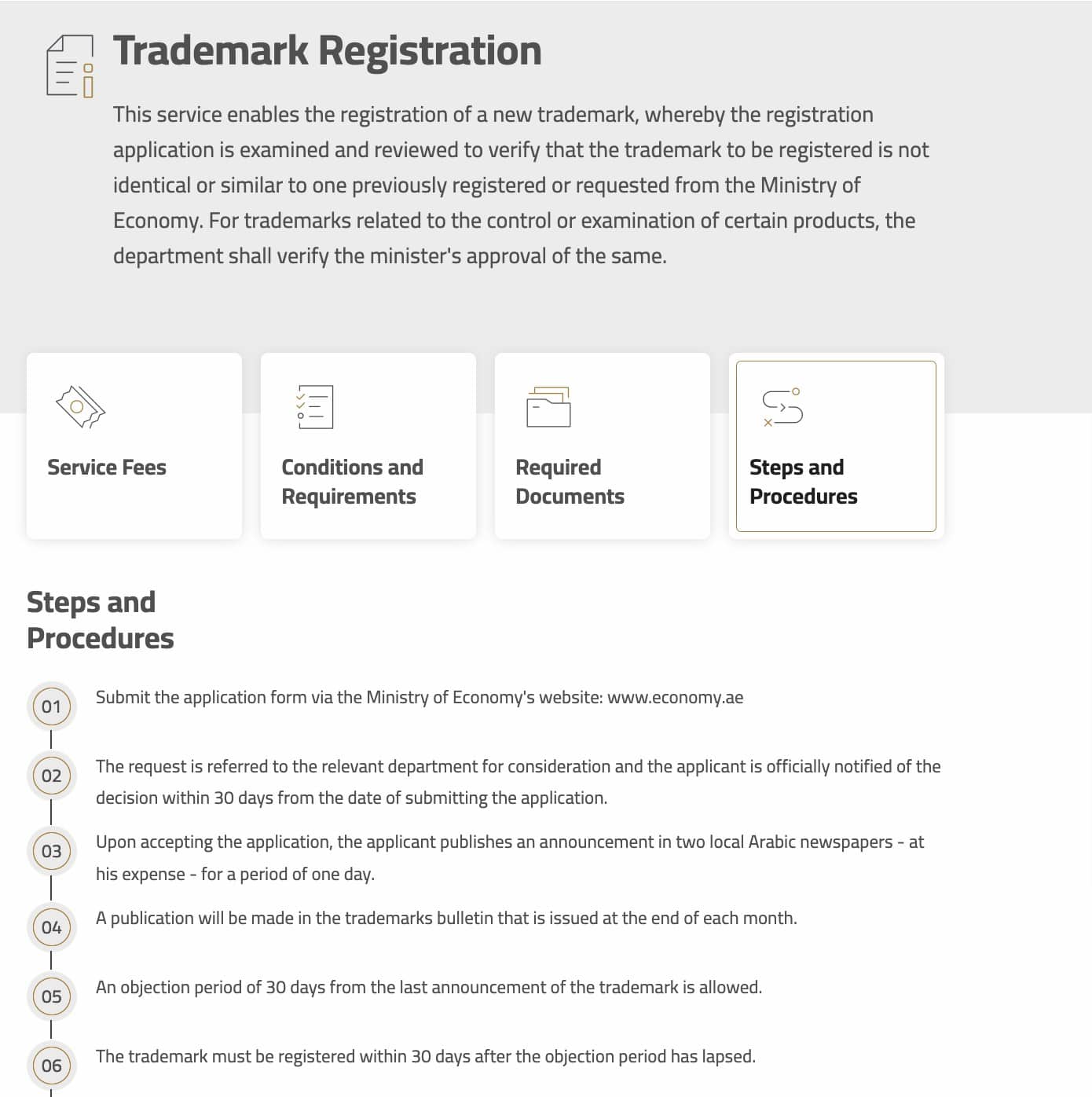 A screenshot from the United Arab Emirates Ministry of Economy website detailing how to register your trademark in the UAE.