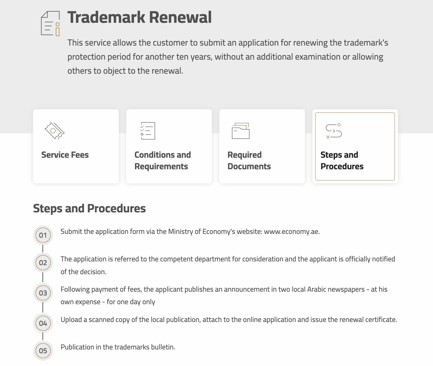 A screenshot from the United Arab Emirates Ministry of Economy website detailing how to renew your trademark in the UAE.