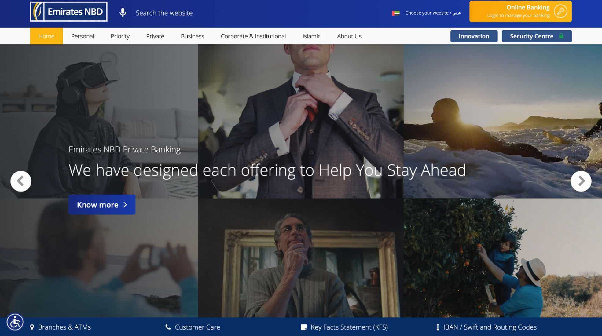 A screenshot of Emirates NBD website, which is an International bank in Dubai.