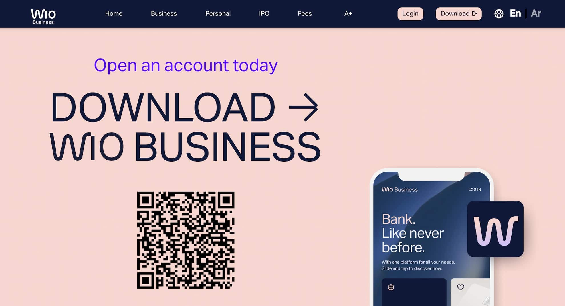 A screenshot of the WIO QR code that you can scan to open an account instantly.