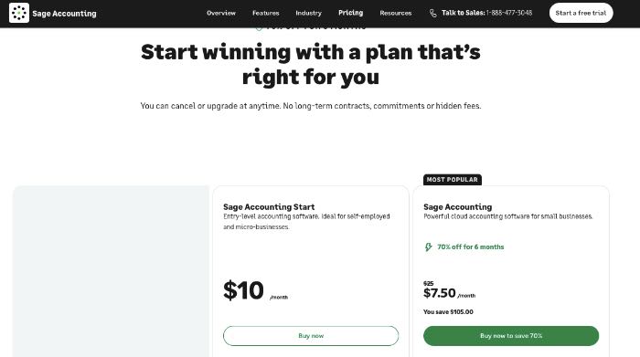 A screenshot of Sage pricing options.