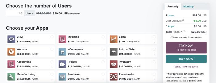 A screenshot of ODOO ERP pricing options.
