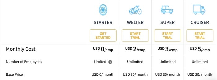A screenshot of GreytHR pricing options.