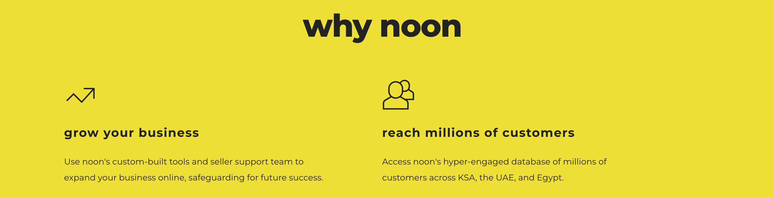 A screenshot from the Noon website, detailing why sellers should choose to sell on Noon.