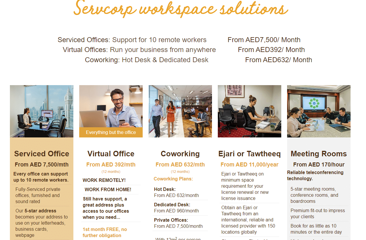 Screenshot of ServCorp pricing and payment options.