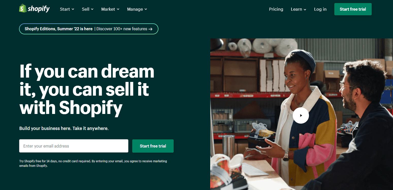 Screenshot of Shopify- one of the best ecommerce platforms.