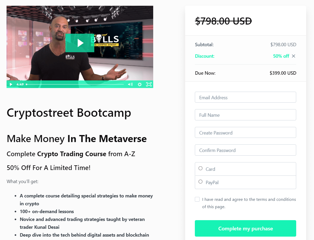 Screenshot of Cryptostreet Bootcamp pricing and payment details.