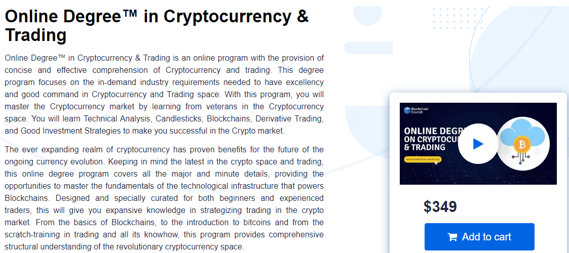 A screenshot of the best crypto trading course by Blockchain Council.