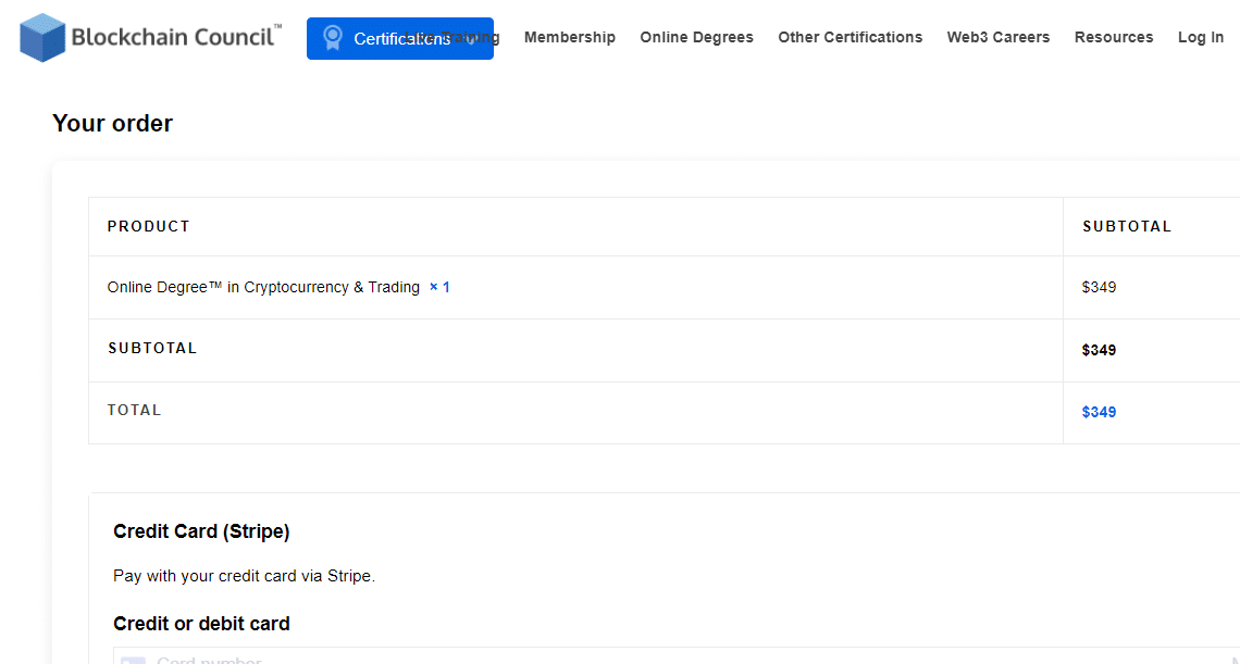 A screenshot of Blockchain Council course pricing.
