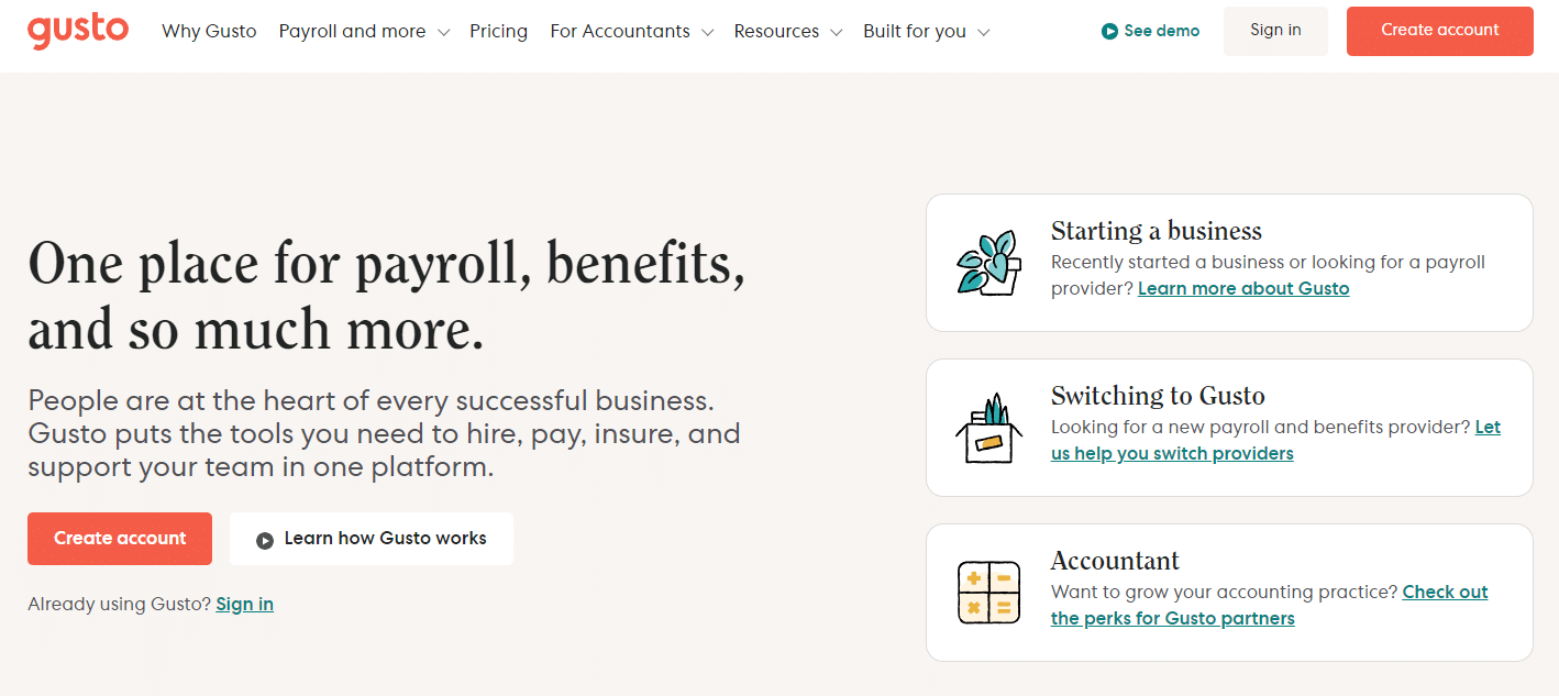 A screenshot of Gusto Payroll-one of the best options of payroll software in UAE