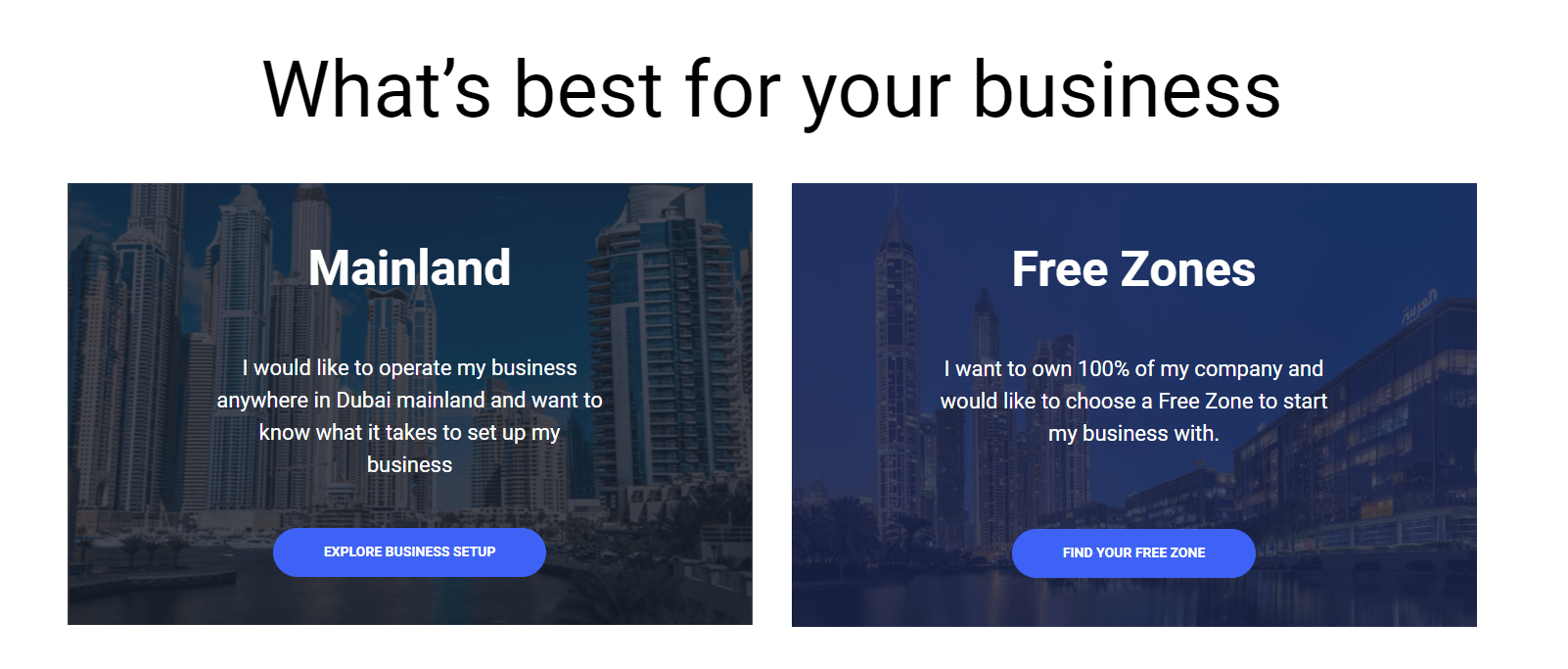 A screenshot showing options of both Mainland and Free Zones for a business in Dubai.