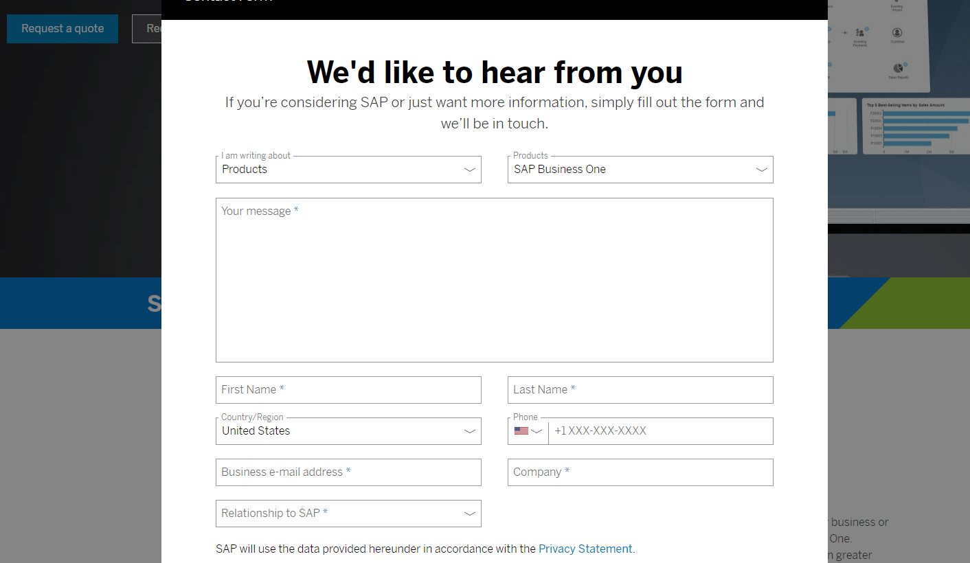 A screenshot of a SAP ERP Business One pricing request form.