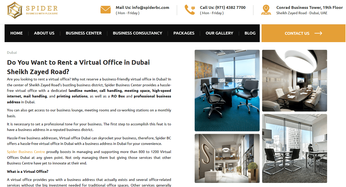 A screenshot of Spider BC- a company which sets up virtual offices in Dubai.