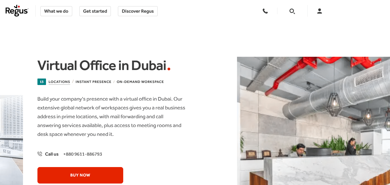 A screenshot of Regus- a company which sets up virtual offices in Dubai.