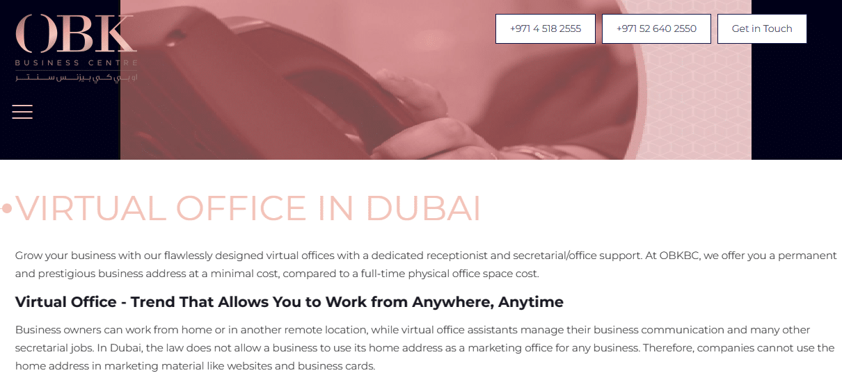 A screenshot of OBK Business Centre- a company which sets up virtual offices in Dubai.